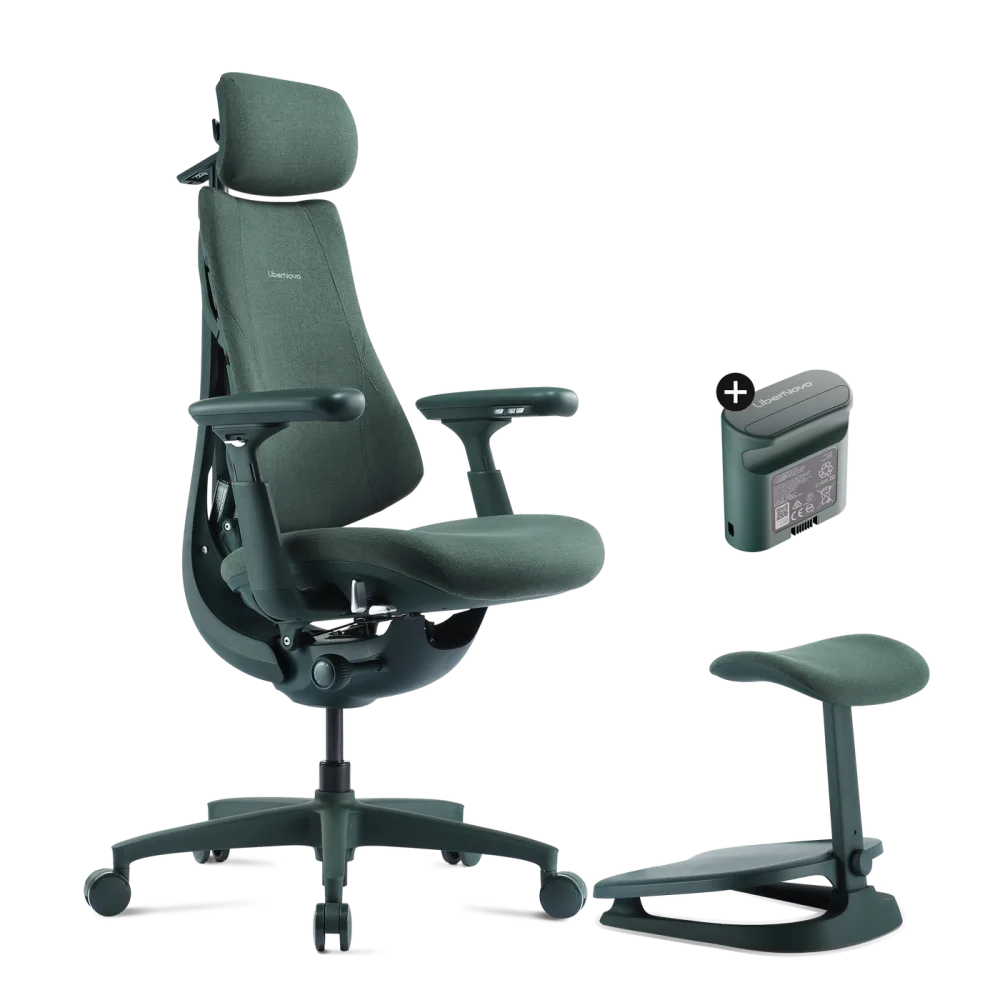 Moss Green rangidagi LiberNovo Omni ergonomik kreslosi va oyoq tayanchi